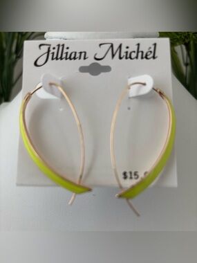 Jillian Michel Elongated curved shaped hoop, neon yellow-green, bold modern